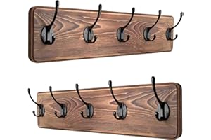 SAYONEYES Wooden Coat Rack Wall Mount 16” Hole to Hole -– Heavy Duty Rustic Pine Brown Wood Rack 17 Inch Length - 5 Double Matte Black Wall Hooks for Hanging Towels, Clothes, Bag - 2 Pack