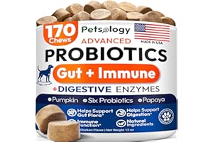 PETSOLOGY Probiotics for Dogs - 170 Dog Probiotics Chews - Digestive Enzymes & Prebiotics - Support Gut Health, Diarrhea, Gas & Constipation Relief - Itchy Skin, Allergies, Yeast Balance - Advanced Supplement