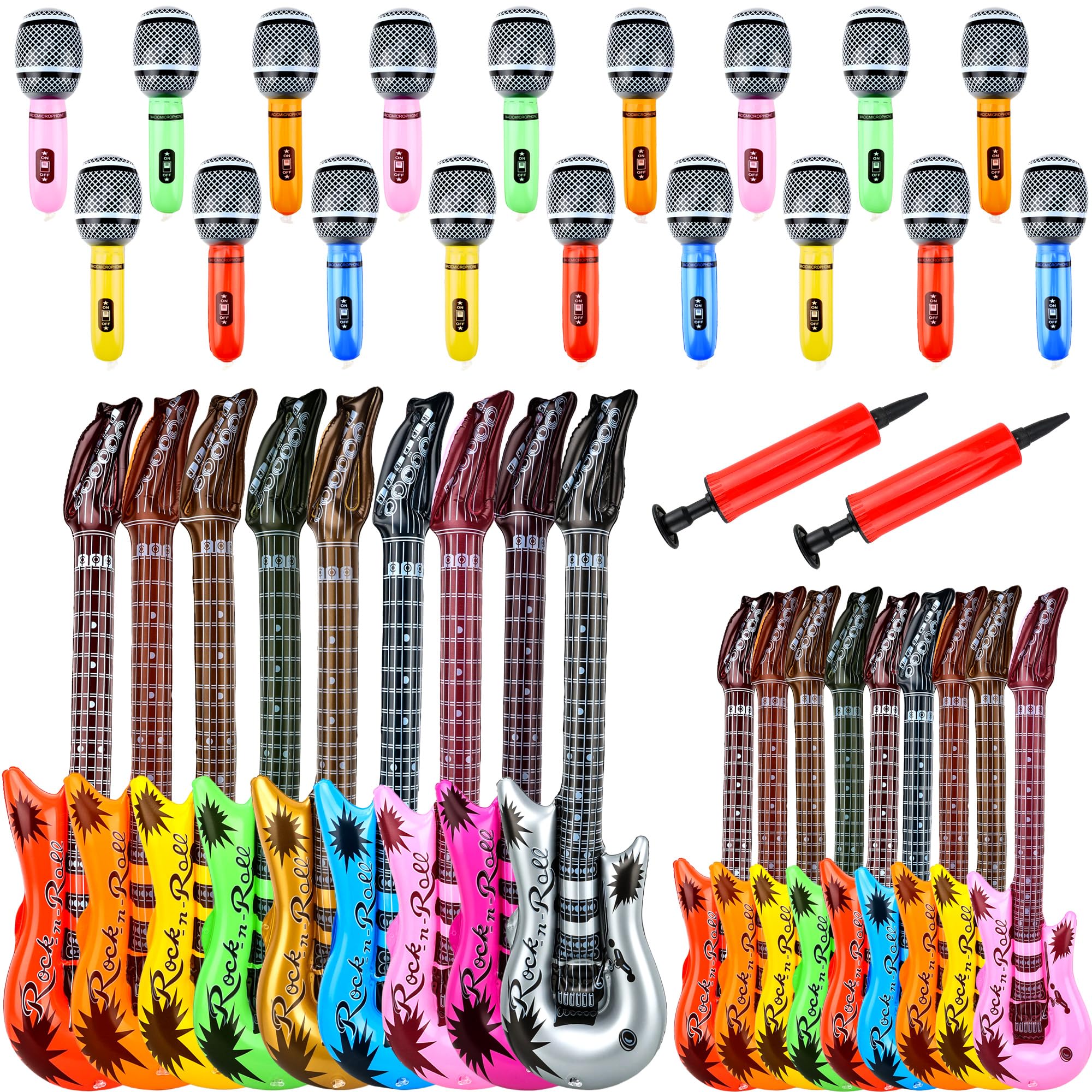 38 Pack Inflatable Rock Star Toy Set includes 18 Pcs Inflatable Guitar and 18 Pcs Blow up Microphone Bulk and 2 Pcs Air Pump for Musical Concert Themed Party