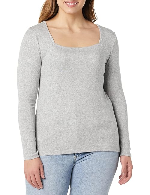 Amazon Essentials Women's Slim-Fit Long Sleeve Square Neck T-Shirt, Light Grey Heather, X-Small