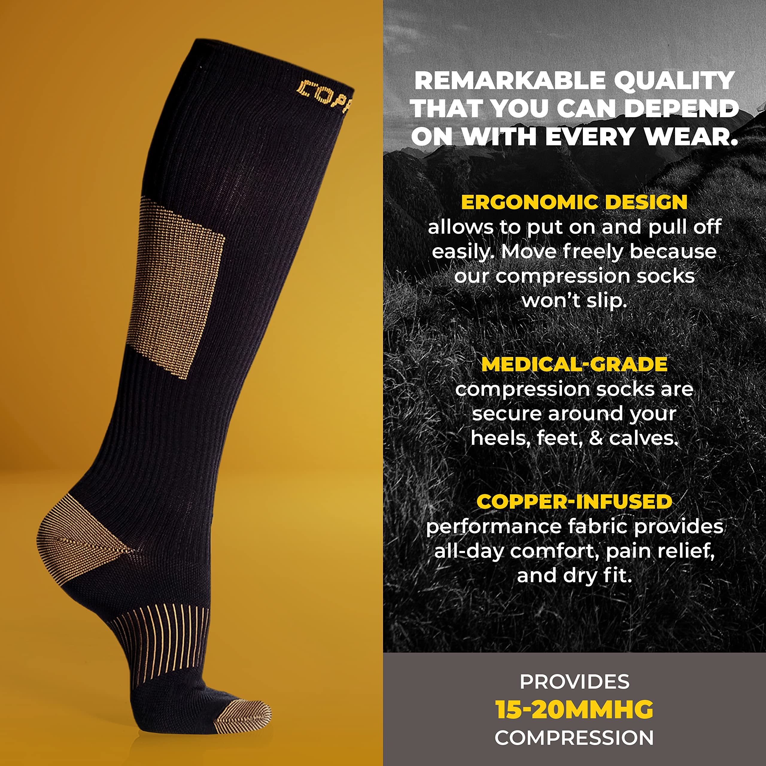 CopperJoint Copper Compression Socks for Women & Men - Diabetic Socks, Improves Circulation, Reduces Swelling & Pain - For Nurses, Running, & Everyday Use - Copper Infused Nylon (Medium)