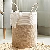 Kodomoore Laundry Basket – Laundry Hamper for Clothes, Blankets, Yoga Mat – Woven Cotton Rope Basket for Living Room, Nursery Room – Boho Style –15”D x 18”H – White & Beige Brown