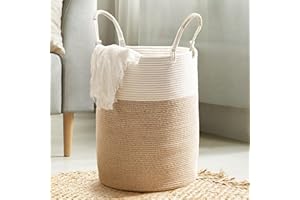 Kodomoore Laundry Basket – Laundry Hamper for Clothes, Blankets, Yoga Mat – Woven Cotton Rope Basket for Living Room, Nursery Room – Boho Style –15”D x 18”H – White & Beige Brown