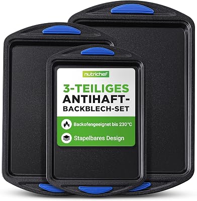 Backblech Set 3-teilig – Antihaft Ofenbleche Blau mit Silikongriffen, 45.5x27 cm, 40x25 cm, 35x22 cm PFOA-frei, stapelbar und langlebig, rutschfest, gut für Pizza, Kuchen, Brot, Blau/Schwarz