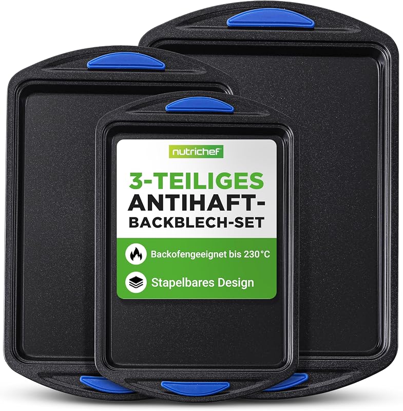 Backblech Set 3-teilig – Antihaft Ofenbleche Blau mit Silikongriffen, 45.5x27 cm, 40x25 cm, 35x22 cm PFOA-frei, stapelbar und langlebig, rutschfest, gut für Pizza, Kuchen, Brot, Blau/Schwarz — Foto 1 von 8