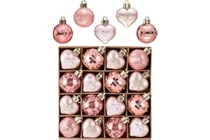 Valery Madelyn 16Pcs Valentines Heart Shaped Ornaments Gift Pack, Christmas Craft Painted Tree Decorations, Pink Rose Gold Christmas Baubles Hanging Party Wedding Anniversary Decor 1.57 Inches