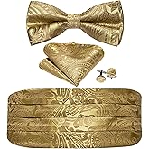 Barry.Wang Men Silk Paisley Cummerbund and Pre-tied Bowtie Handkerchief Cufflink Set for Tuxedo