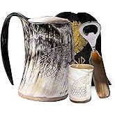 FENRIR Viking Drinking Horn Mug Set16 oz – Gifts for Men, Dad, Husband – Unique Viking Gift – Handmade Real Ox Horn Cup with Shot Glass & Opener – For Beer, Ale, Mead (Wolf Natural Finish)