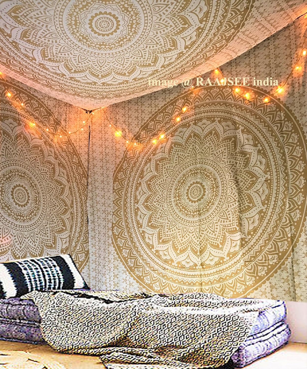 raajsee Metallic Gold Tapestry Wall Hanging Mandala-Bohemian Dorm Decor Hippie Tapestries-Boho Bedding Golden bedspread yoga mat throw (White Gold Ombre - Image 4