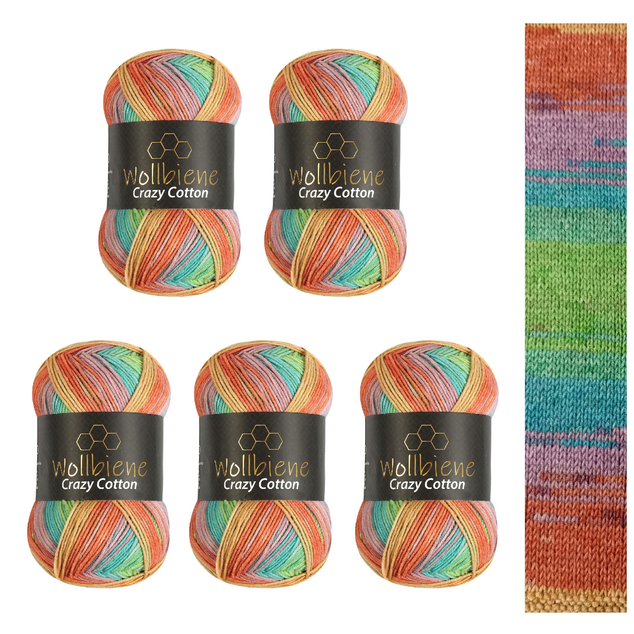5 x 100 g Wollbiene Crazy Cotton Batik, 500 g with Colour Gradient, 55% Cotton, Multicoloured Knitting Wool, Crochet Wool, Wool, All-Year Wool (6010 Orange Green Mint)