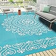 Pauwer Waterproof Outdoor Rug 9x12, Reversible Plastic Straw Patio Camping Rug, Indoor Outdoor RV Mat Carpet for Deck, Camper, Porch, Balcony, Backyard, Picnic, Floral Teal
