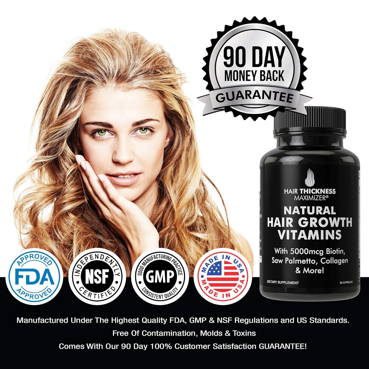 Natural Hair Growth Vitamins by Hair Thickness Maximizer - Hair Regrowth Vitamin Supplement with Biotin 5000 mcg, Collagen, Saw Palmetto. Stop Hair Loss, get Thicker Hair for Men, Women. Made in USA: Health & Personal Care