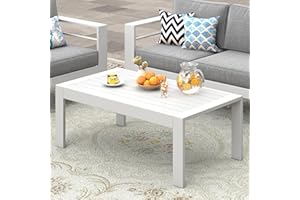 Wisteria Lane Aluminum Outdoor Furniture Patio Coffee Table, All-Weather Outdoor Metal Coffee Table, Modern Rectangle Coffee Table for Balcony, Garden, White
