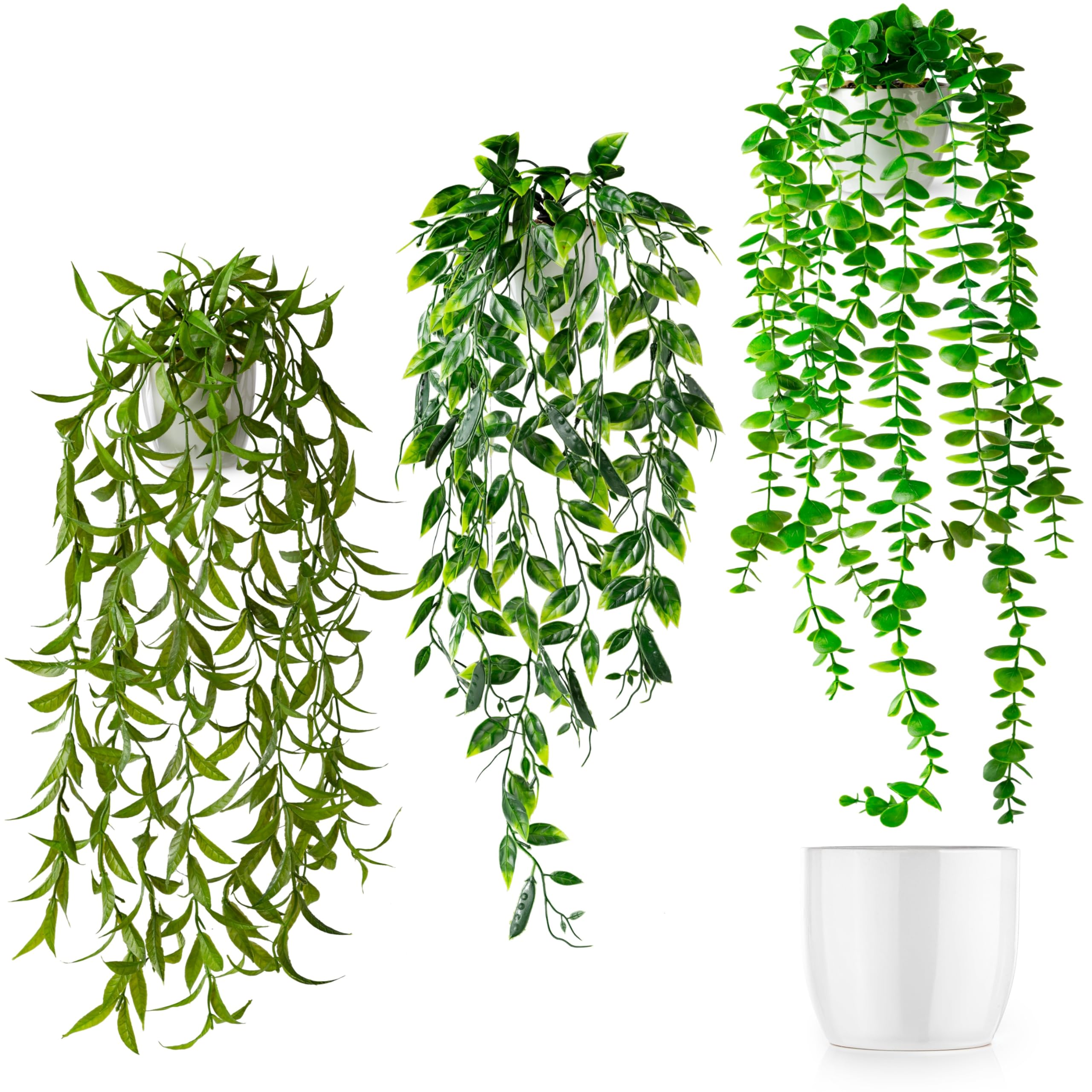 PASCH® Set of 3 Artificial Hanging Plants (60 cm) in White Ceramic Pots: Artificial Plants Like Real Artificial Plants Hanging Artificial Plant Hanging in Pot Hanging Plant Artificial with Pot