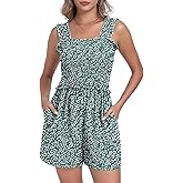 QIXING Women's Summer Casual Rompers Dressy Smocked Loose Comfy Short Jumpsuits Vacation Outfits With Pockets