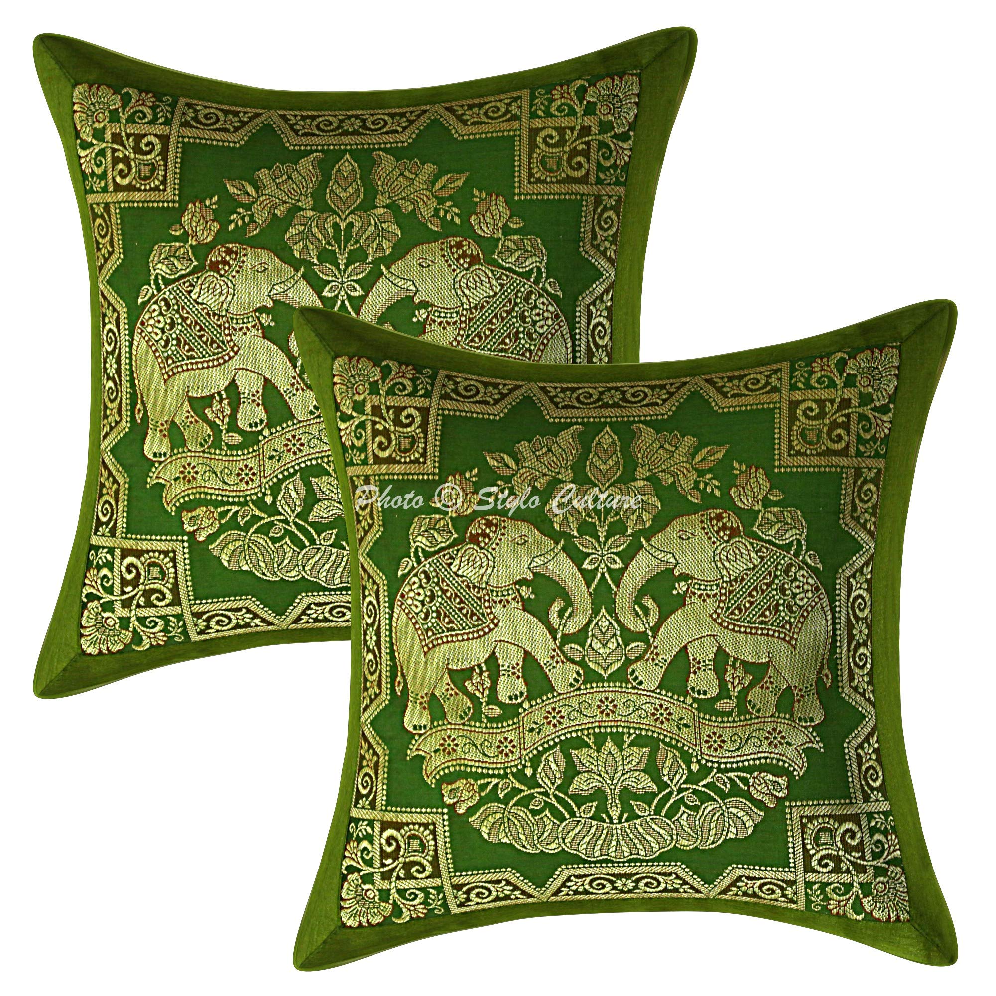 Stylo Culture Ethnic Brocade Living Room Cushion Covers 30cm x 30cm Olive Green Gold Elephant 12 x 12 Inch Jacquard Square Sofa Couch Floral Throw Pillowcases - (Set Of 2 Pcs)