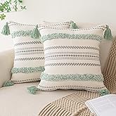 Boho Throw Pillow Covers 18x18 Set of 2 Woven Tufted Farmhouse Pillows Cover with Tassels Textured Striped Cushion Case Neutral Pillow Cases Decorative Pillowcase for Sofa, Couch, Bed, Light Green