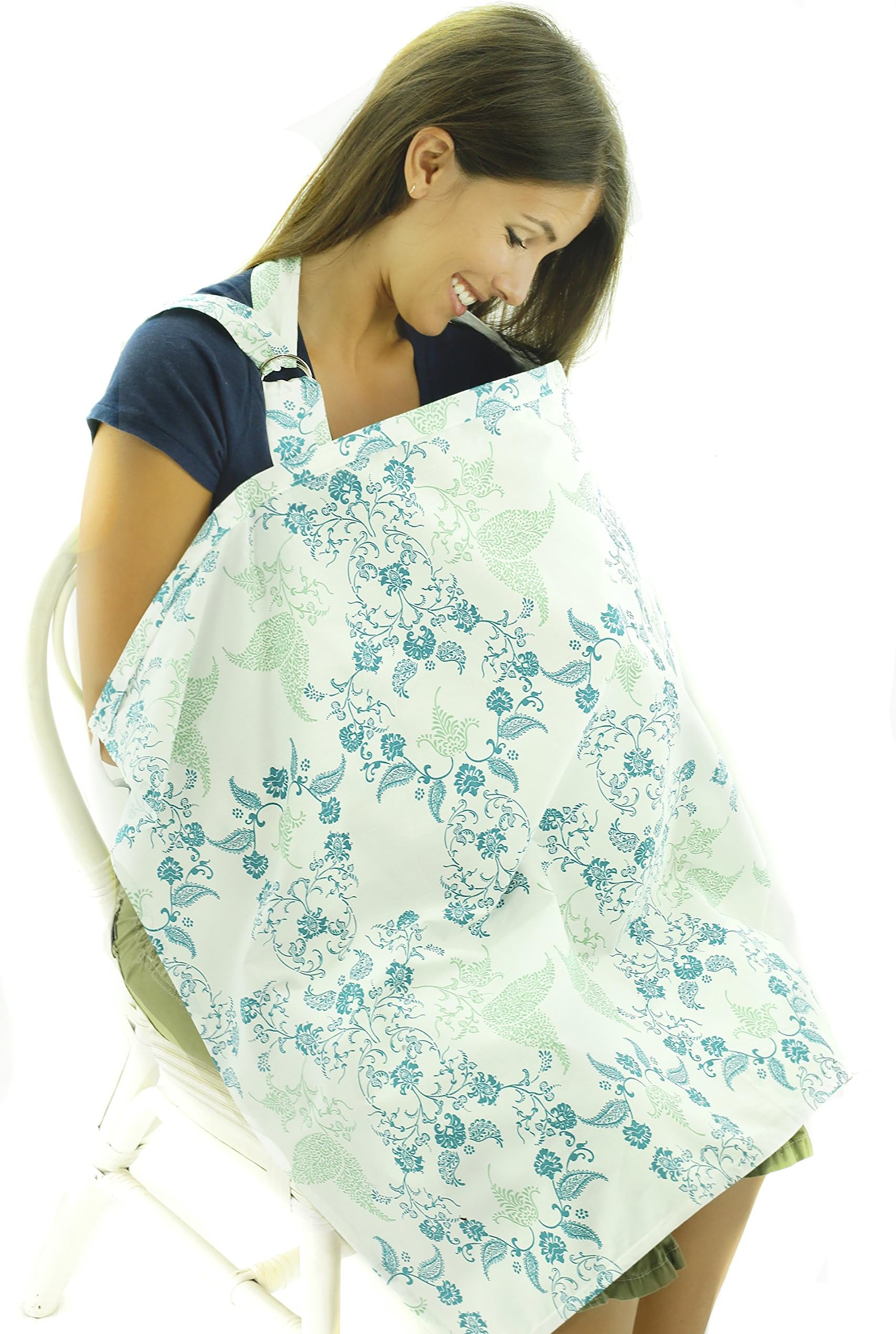 Nursing Cover - Breathable Cotton Breastfeeding Apron – Blue Green Floral Design - Baby Feeding