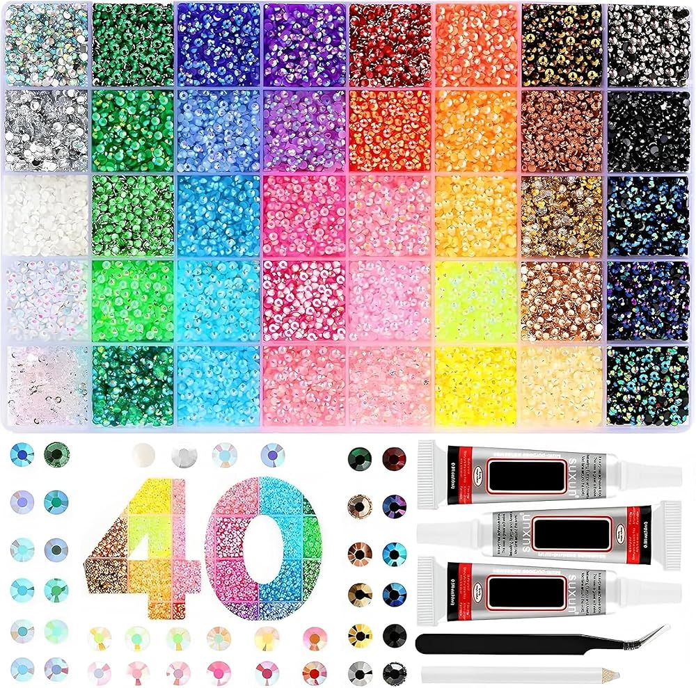 40 Colors Bedazzling Kit, 32000PCS 3mm Flatback Rhinestones for Bedazzling, Resin Rhinestone Kit with B7000 Glue, Bling Gems