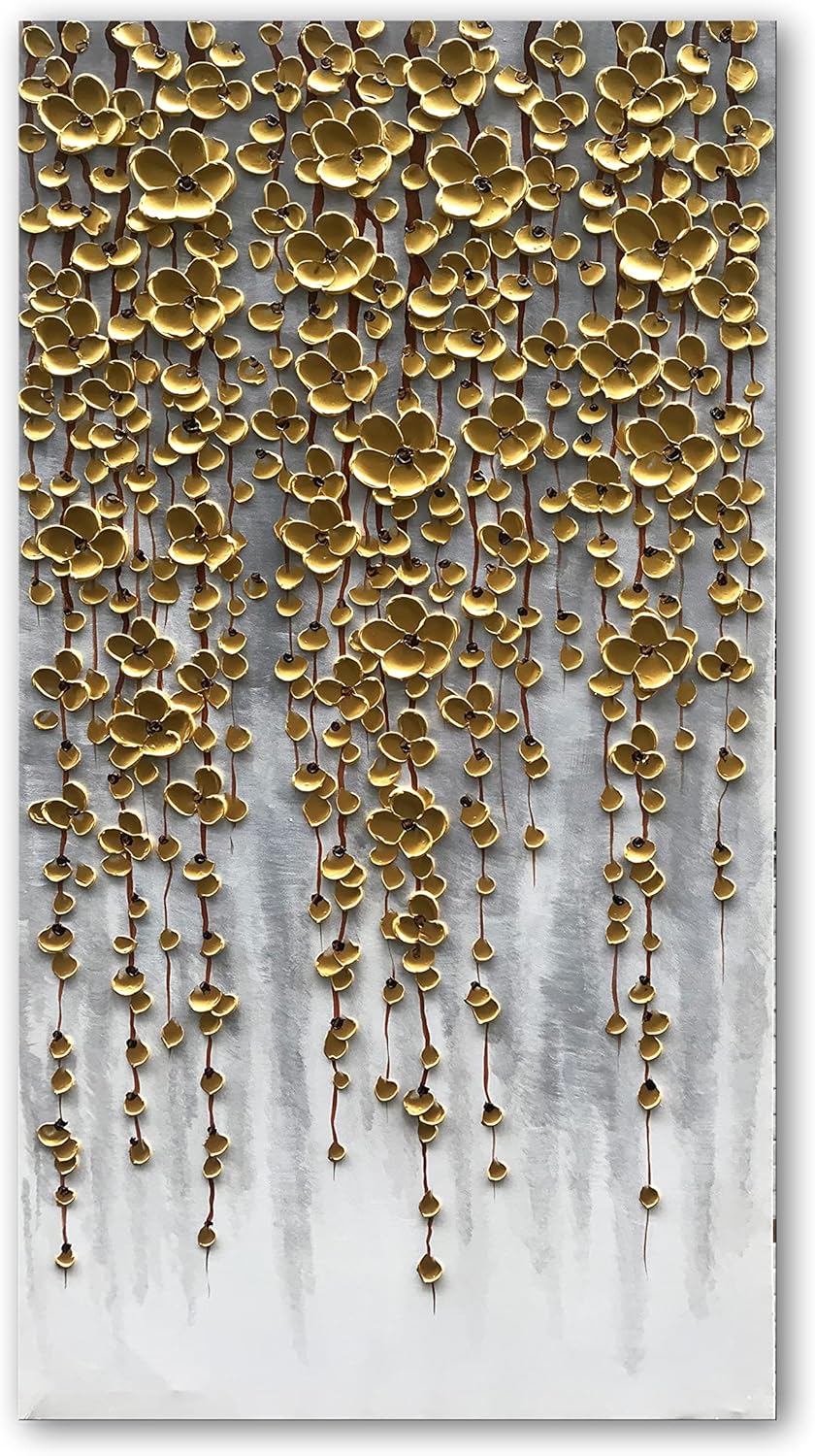 Paintings - Epicler art 3D vertical abstract canvas oil painting wall art, 116x57cm golden flower painting wall art, home living room wall decoration abstract painting art