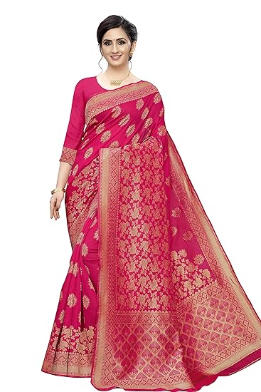 Leeza Store Women Banarasi Jacquard Kanjivaram Style Saree With Blouse Pices