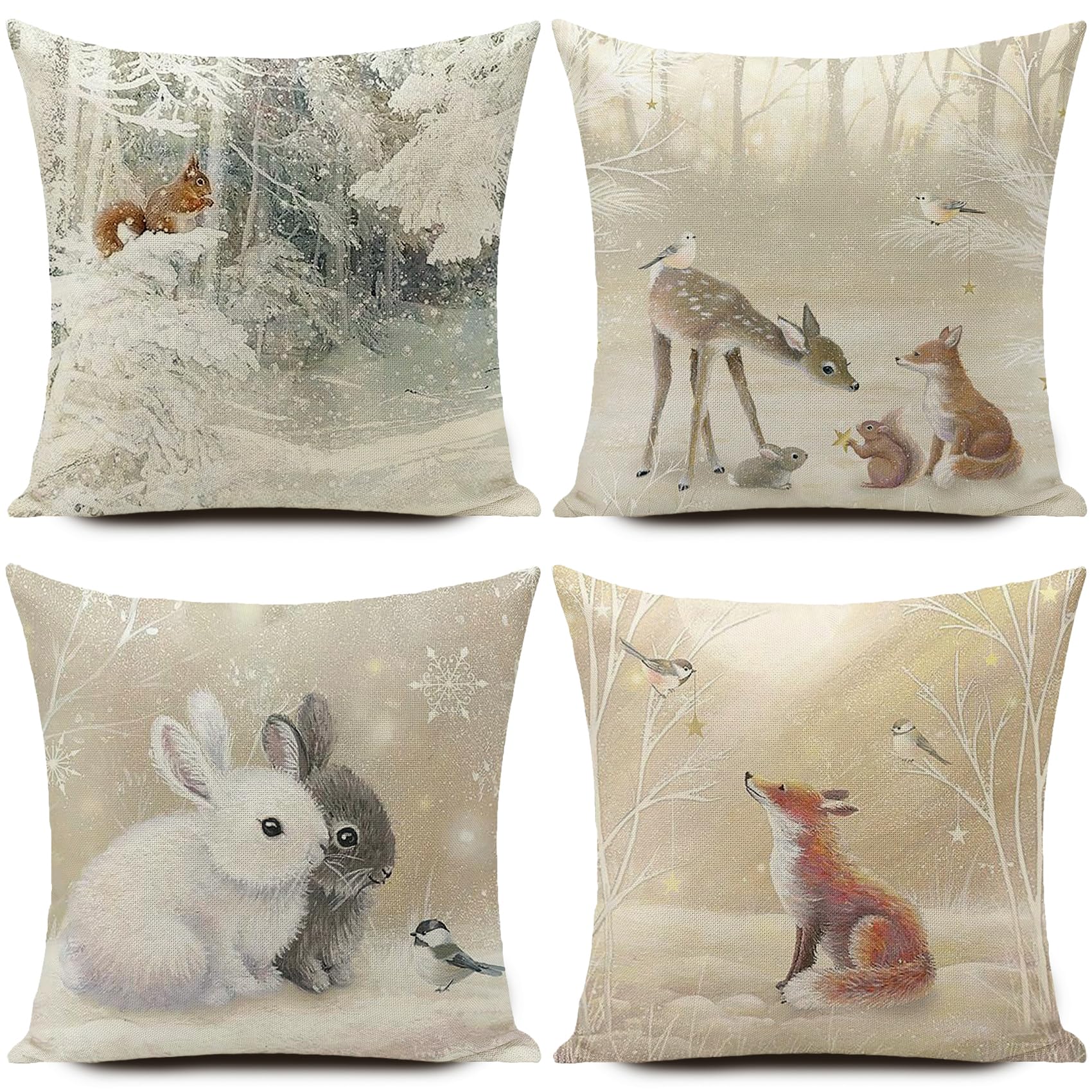 HUASHUZI Christmas Cushion Covers Winter Wonderland Decorations Xmas Throw Pillow Cover Animal Rabbit Fox Squirrel Deer Set of 4 Decor for Party Family For Home Sofa Livingroom 18x18 Inch (45x45cm)