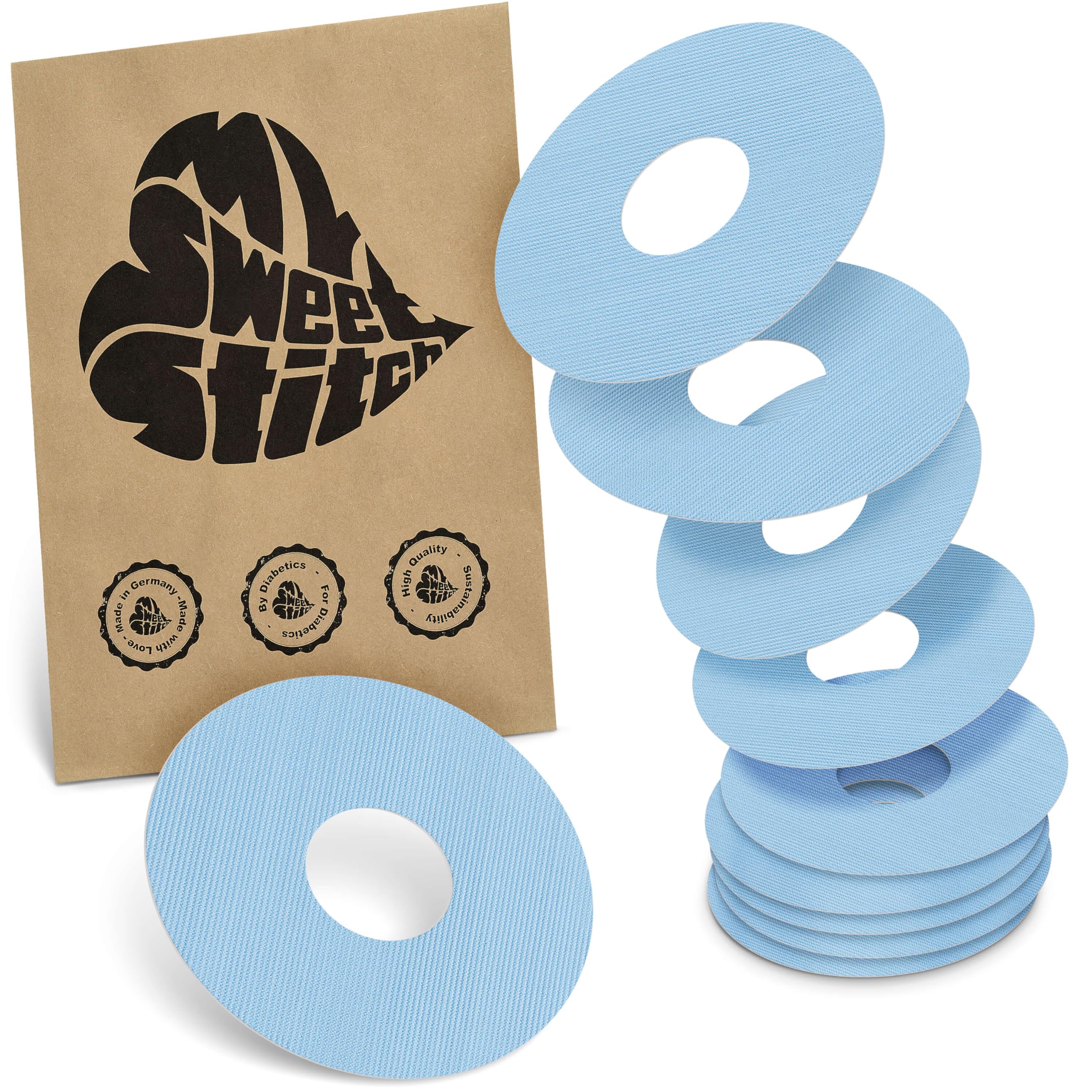 MySweetStitch - 10 x Freestyle Libre 3 Round Patches, Ring Patch Ø 60mm, Inner Ø 20mm, Waterproof, Breathable, Skin-Friendly, Made in Germany, Ice Blue