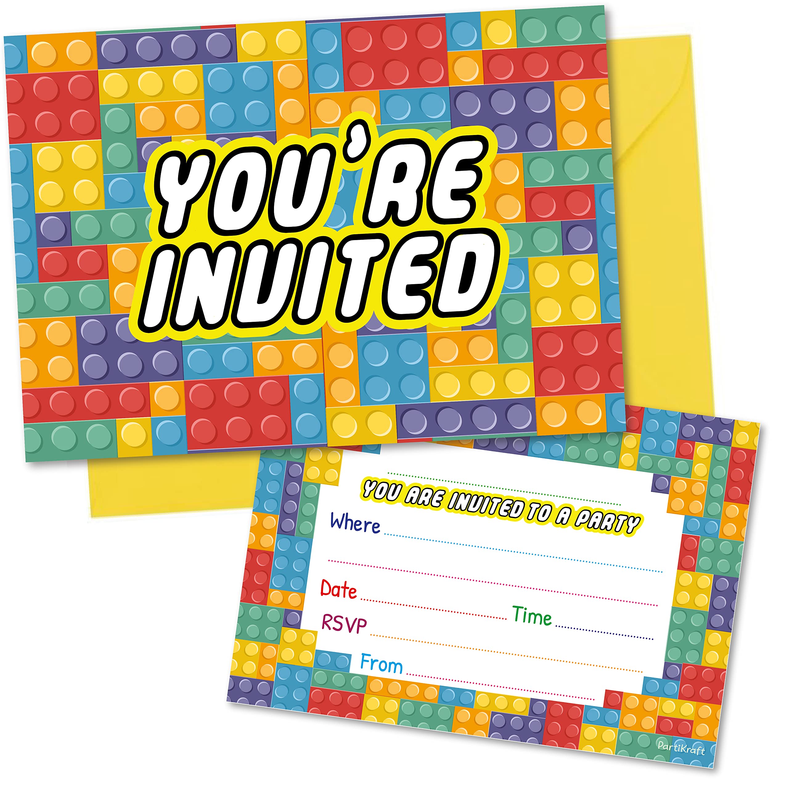 (Pack of 20) Building Block Birthday Party Invitations with Bright Yellow Envelopes