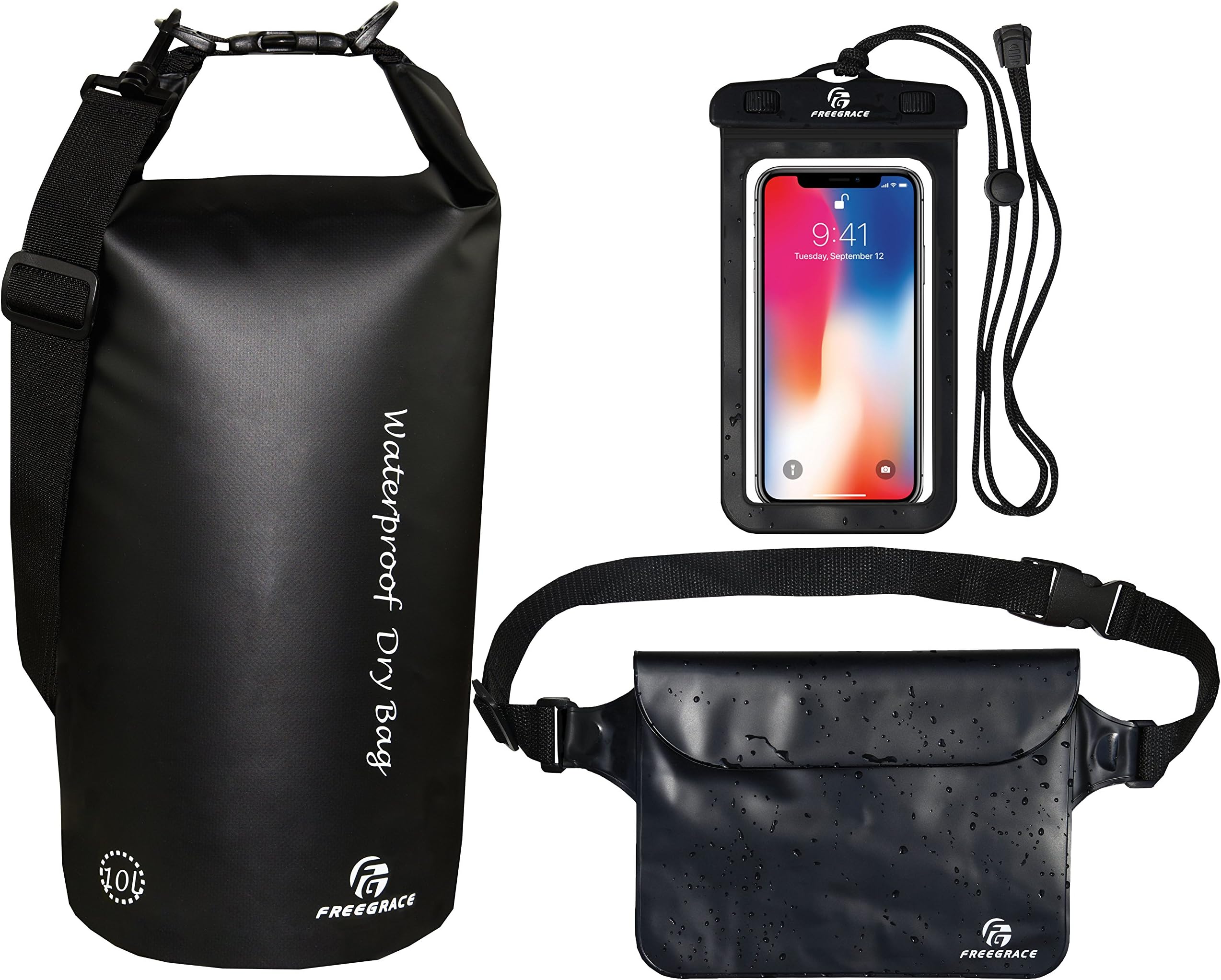 Freegrace Waterproof Dry Bags Set of 3 - Dry Bag with 2 Zip Lock Seals & Detachable Shoulder Strap, Waist Pouch & Phone Case - Can Be Submerged Into Water for Swimming, Kayak, Rafting & Boating