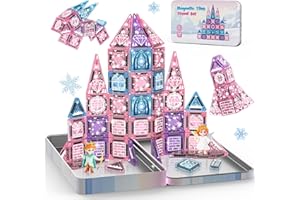 Luckades Magnetic Tiles Princess Toys for Girls 3-8, Princess Castle Magnetic Blocks with 2 Cute Dolls STEM Travel Building G