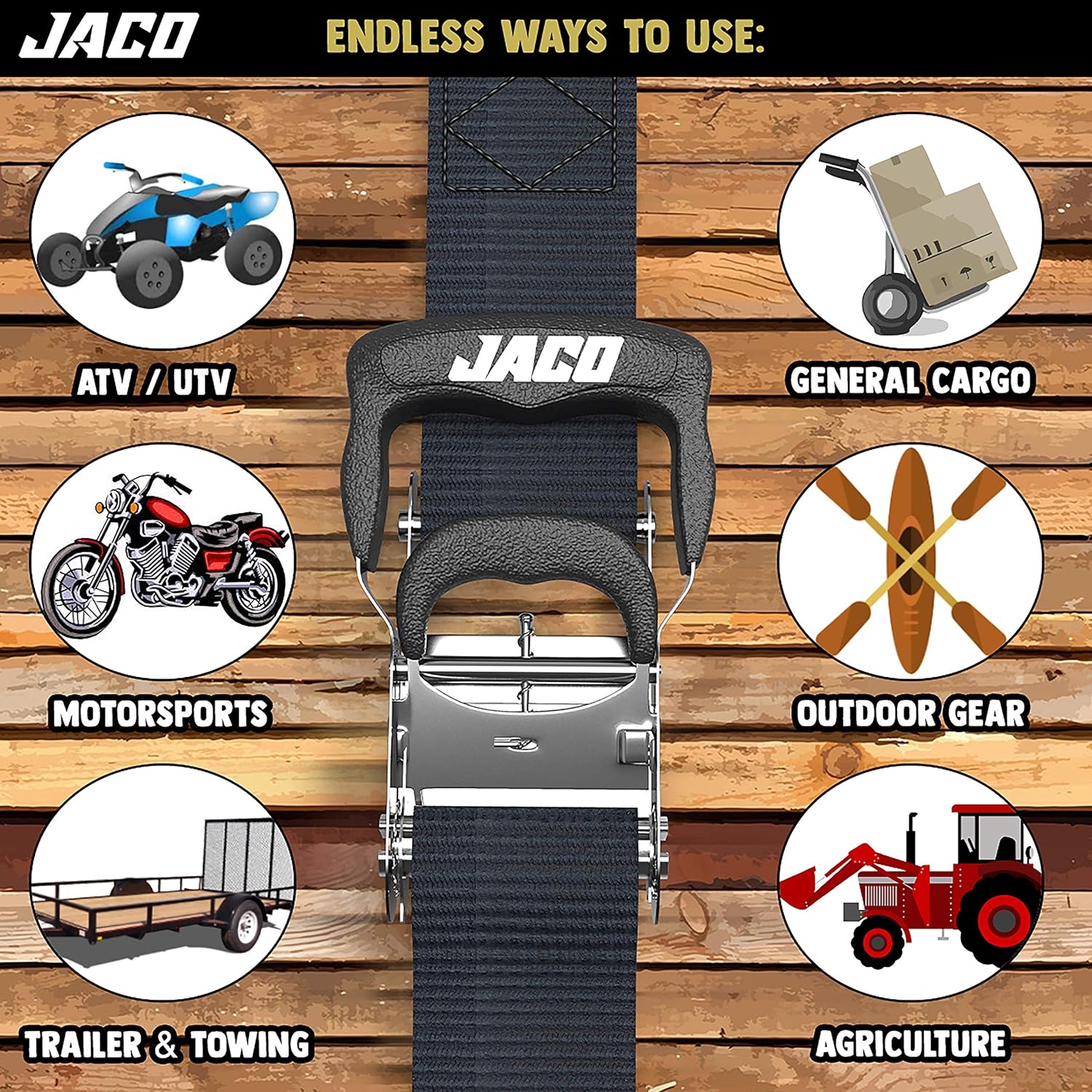 JACO Ratchet Tie Down Straps (Heavy Duty Set) - 1.6" x 8 ft | AAR Certified Break Strength (5,208 lbs) | with (4) Utility Ratchet Straps, (4) 17" Soft Loop Tie Downs, and Accessories (Black): Automotive