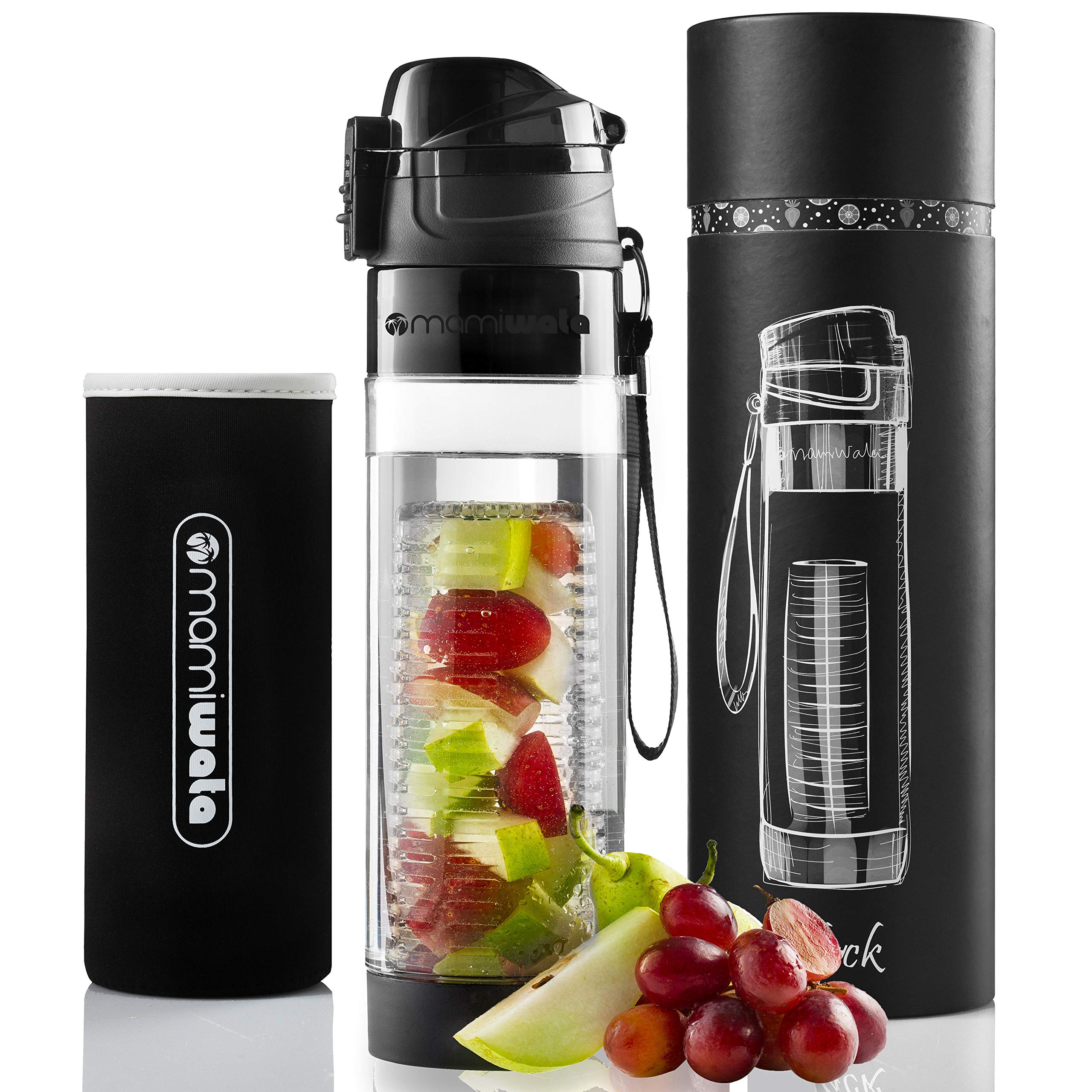 MAMI WATA Fruit Infuser Water Bottle – Unique Stylish Design – Includes Fruit Infused Water recipes eBook & Insulating sleeve – Bottom water Infusion for Enhanced Flavor – Beautiful Gift Box