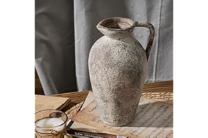 PORCER 9.3 Inch Antique Ceramic Vase, Terracotta Vase with Handle, Boho Decor Farmhouse Decorative Vase, Rustic Vase for Home Decor, Living Room, Entryway, Wedding - Distressed Design, Gray