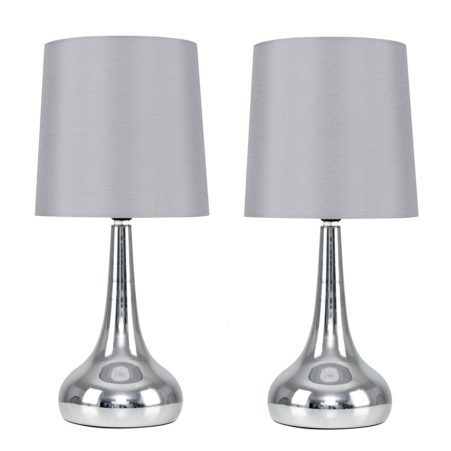 Pair of Modern Chrome Teardrop Touch Table Lamps with Grey Fabric Shades Amazon.co.uk Lighting