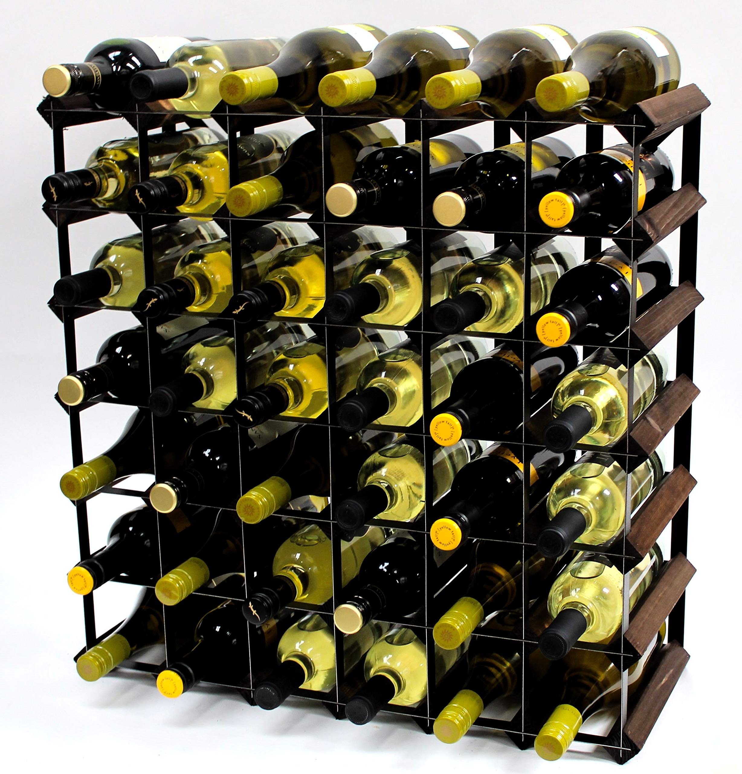 Classic 42 Bottle Dark Oak Stained Wood and Black Metal Wine Rack Ready Assembled