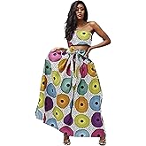 SHENBOLEN Women African Print Skirt Kente Traditional Wax Print Adjustable Strap Maxi Skirt