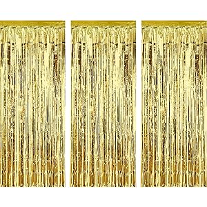 Sumind 3 Pack Metallic Tinsel Curtains, Foil Fringe Shimmer Curtain Door Window Decoration for Birthday Wedding Party (Gold)