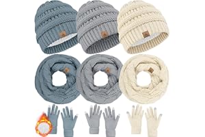 LOROME 3 Set Winter Beanie Hat Scarf Gloves, Warm Fleece Knit Winter Hats Touch Screen Gloves Neck Scarf Set Winter Gifts Women