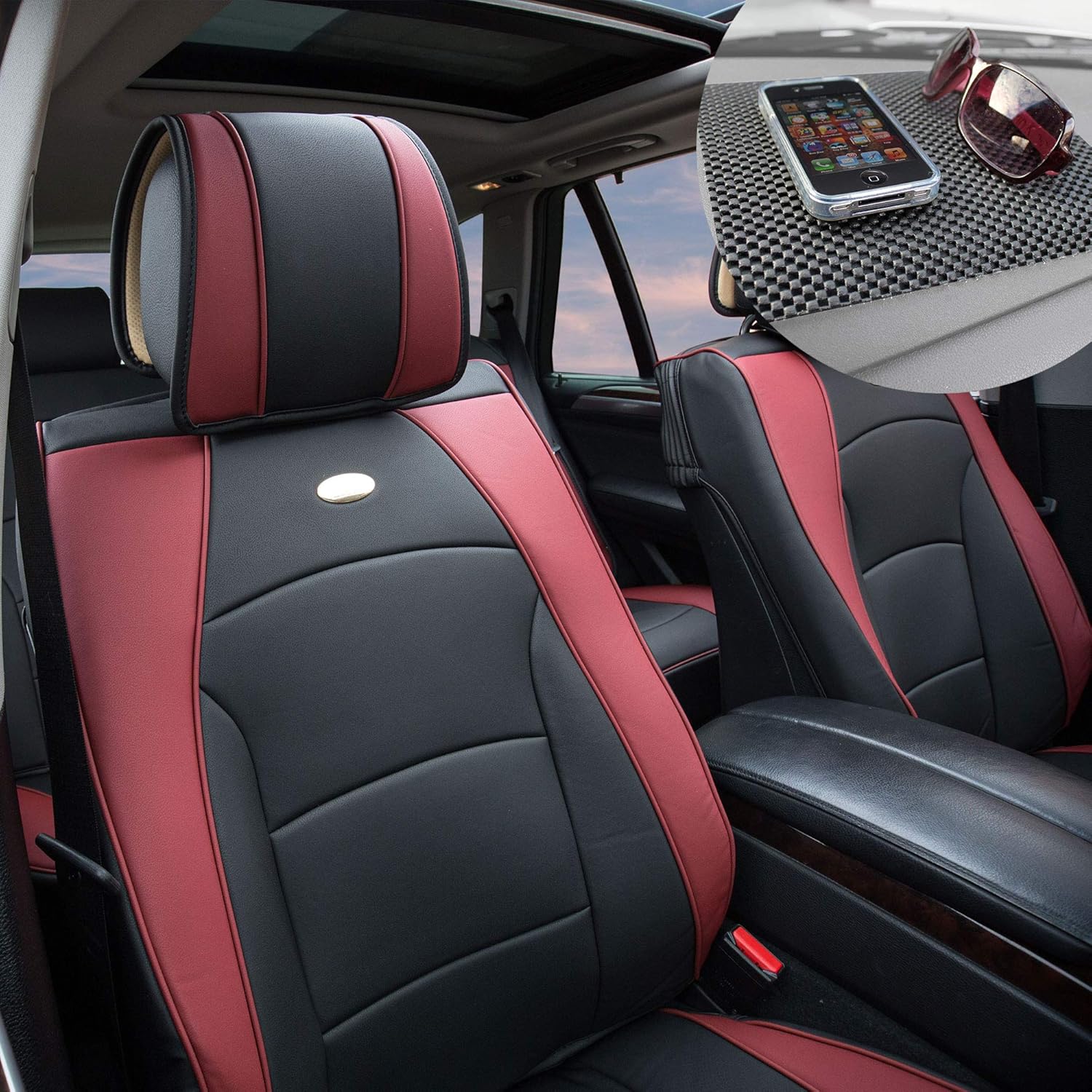 TLH Ultra Comfort Leatherette Seat Cushions Front, Burgundy Color w/Non Slip Dash Mat