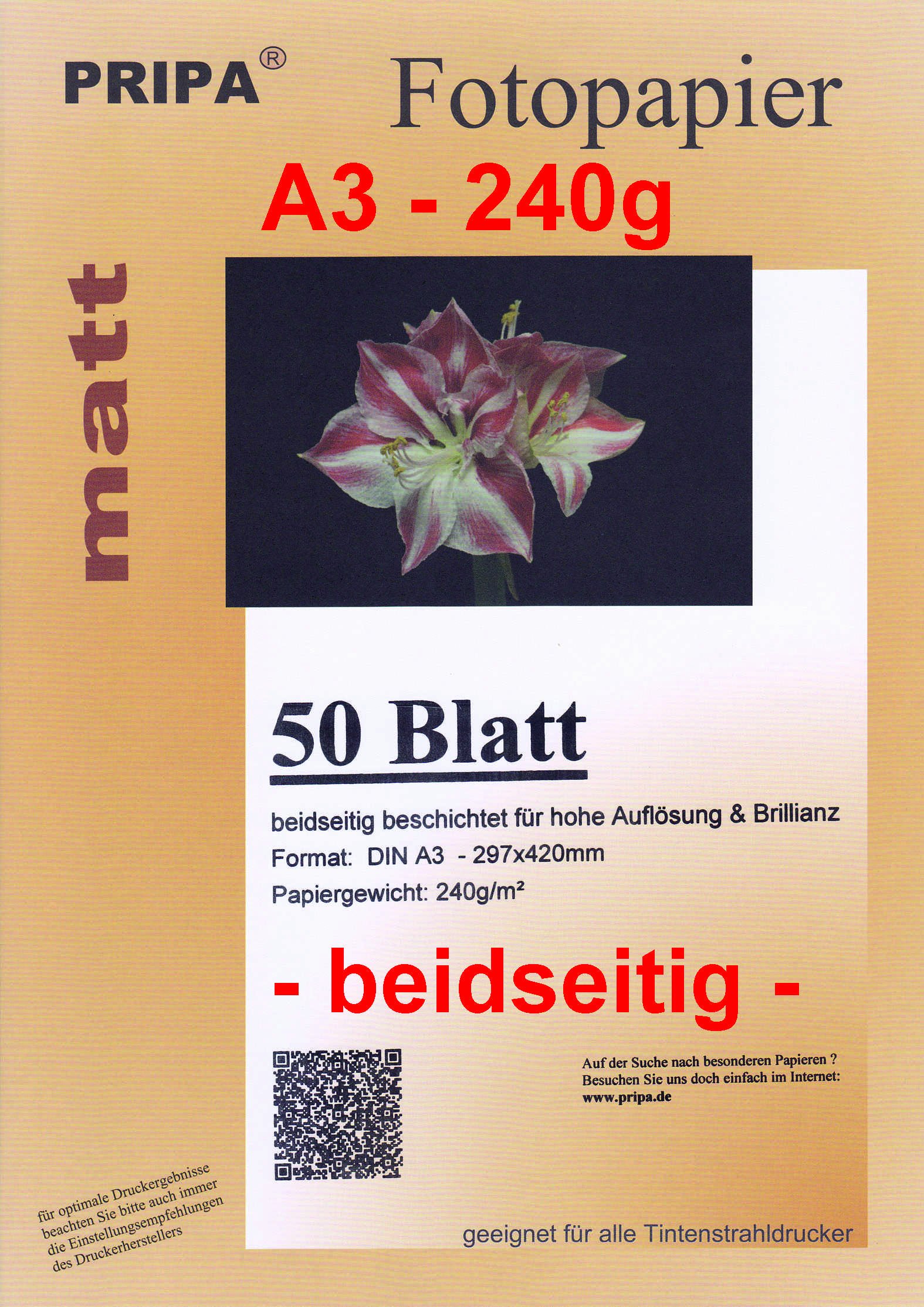 matte Photo Paper 240g- 50Blatt - beidseitig - A3