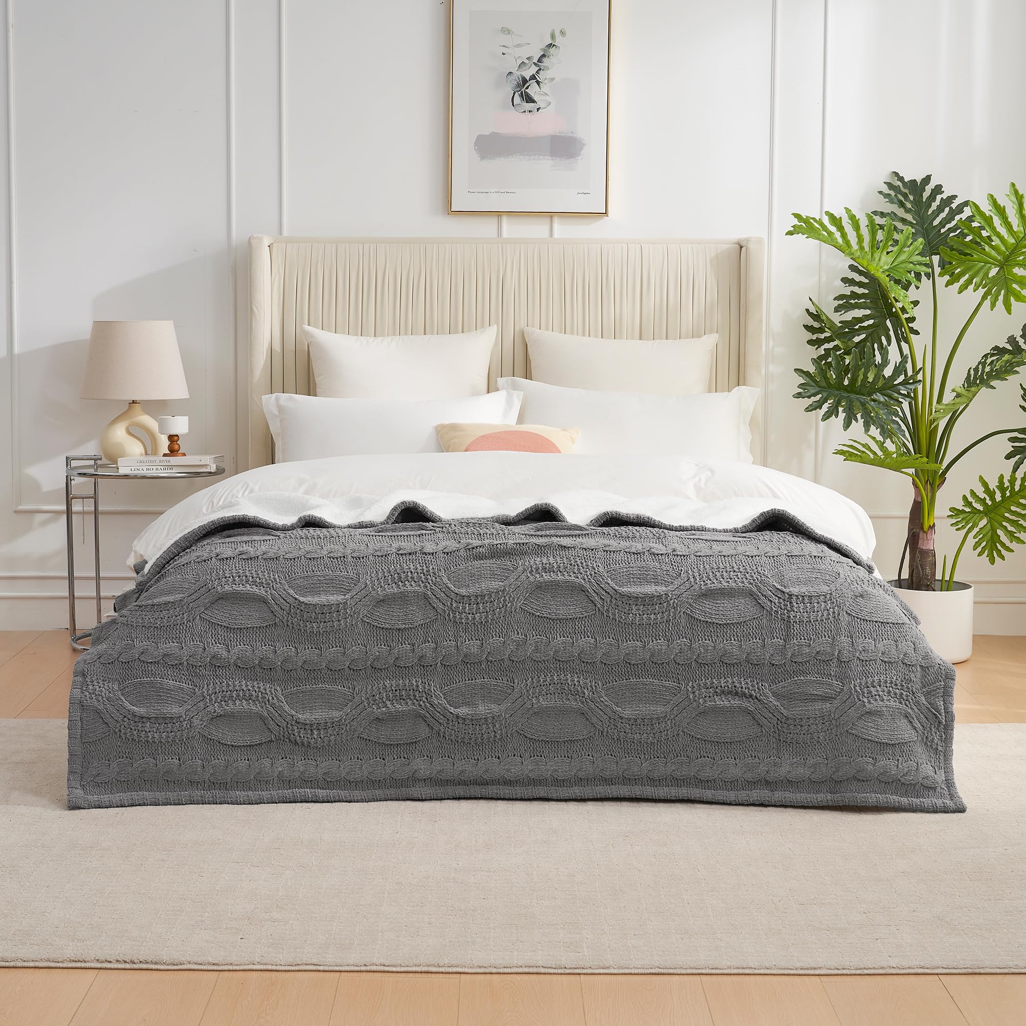 Photo 1 of Amélie Home Cable Knit Throw Blanket for Couch Twin, Chenille Sherpa Soft Cozy Throw Blankets for Sofa Chair Comfortable Home, 60"x80", Gray