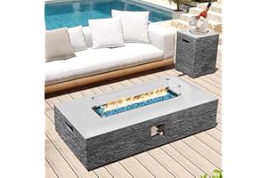 UPHA 56-inch Outdoor Propane Gas Fire Pit Table 50000 BTU Concrete Rectangle FirePit for Outside Patio with Propane Tank Cover, Wind Guad, Blue Glass Rocks, Rain Cover, Grey Horizontal Stripe