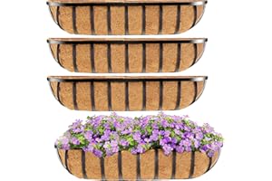 HFHOME 4 Pcs 24" Window Box Deck Railing Planter with Horse Trough Coco Liners, Black Metal Hanging Flower Planters Baskets for Indoor, Outdoor, Balcony, Porch, Fence, Patio, and Lawn