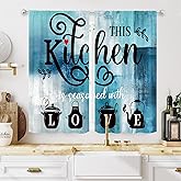 MESHELLY Teal Kitchen Curtains 27.5Wx39H Inch Rod Pocket Vintage Farmhouse Turquoise Grey Blue Abstract Bedroom Window Drapes Watercolor Quotes Printed Living Room Window Treatment Fabric 2 Panels