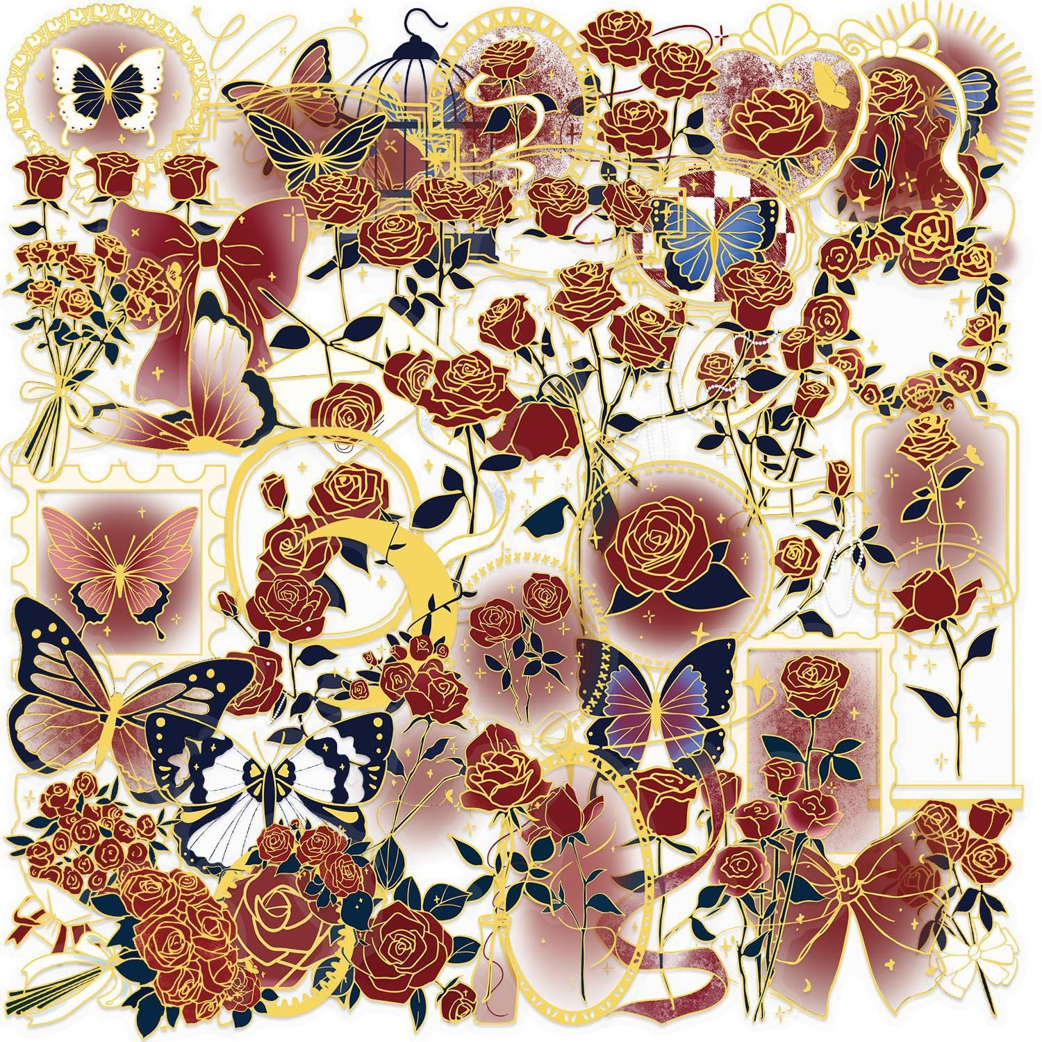 50-pcs Die-Cut Flower Stickers - Transparent Gold Foil Scrapbooking Stickers, Vintage Flower Stickers for Journaling, Card Making, Vintage Paper Crafts