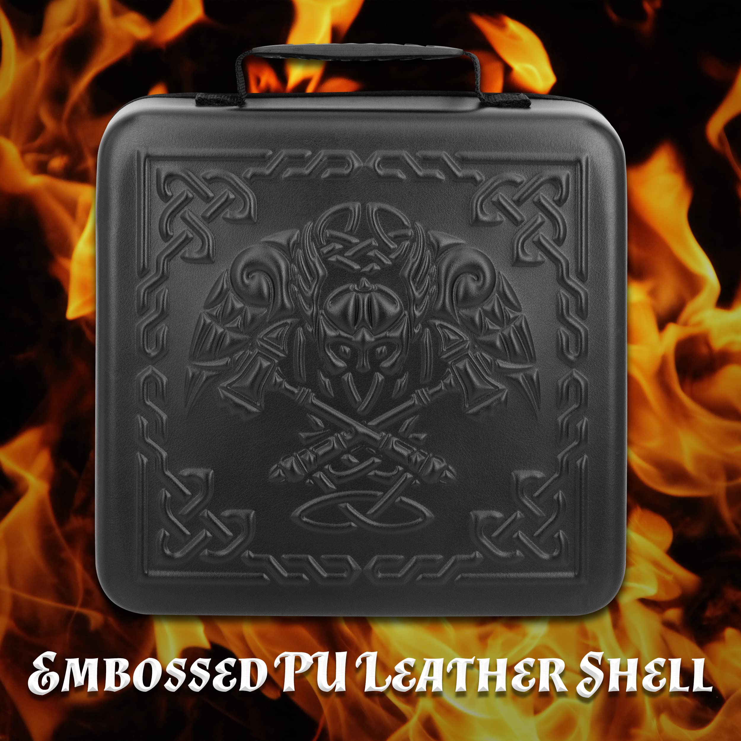 CASEMATIX XL Dice Tray and DND Dice Holder Travel Case for Up to 700 RPG Dice - Expanding Design with 3 Dice Rolling Tray Arenas, Embossed PU Leather Exterior and Printed Dice Trays