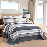 CozyStitch Striped Oversized King Bedspread 128"x120" - 100% Cotton Lightweight Oversized King Quilt with 2 Pillow Shams, Modern Reversible Quilted Bedspreads Coverlet in Navy Gray White, 3 Pieces