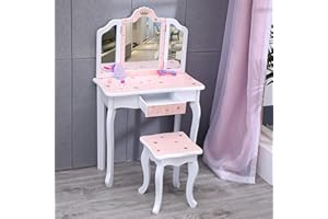 Nromant Kids Vanity Table and Chair Set, Girls Vanity Set with Stool, Tri-Folding Mirror, Makeup Dressing Princess Table with Drawer for Little Girls (Pink)