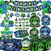 Video Game Birthday Party Decoration - Neon Game Party Tableware Include Plate Napkin Banner Tablecloth Game Level Up Theme Decorations for Boy Gamer Birthday Decor Serves 24
