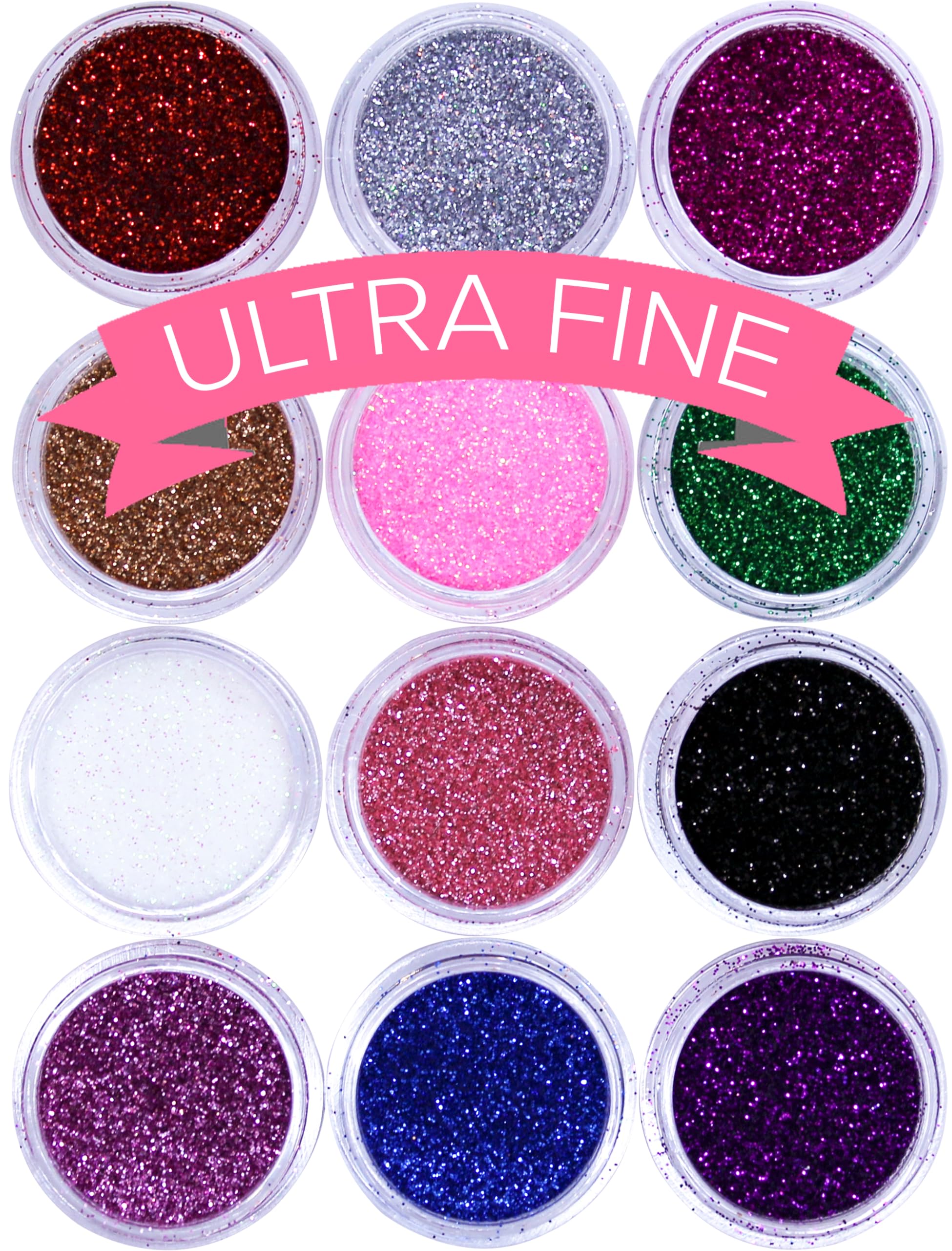 Ultra FINE Glitter for Gel Nail Art Pots Set - NYK1 DUST Powder, Face Paint Makeup, Hair, Shellac Nail Polish Craft, Festival Face Glitter - Brush Body Tattoos Make Up Sets for Kids Children